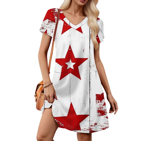 Patriotic Short Sleeve V-Neck Dress – Fourth of July Flag Print Loose Fit Casual Beach Dress for Women