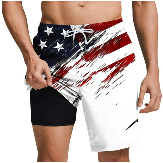 Patriotic Shorts for Men 4Th Of July Summer Swim Trunks with Compression Liner 5 Inch Inseam Swim Shorts Lace-Up Elastic Waist Beach Pants Usa Flag Star Stripe Pants with Pockets