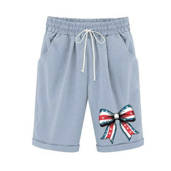 Patriotic Shorts Women High Waisted Bermuda Shorts Cotton Linen Drawstring 4th of July Patriotic Outfits
