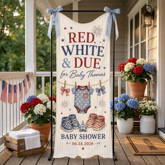 Patriotic Shower Fabric Welcome Banner, Personalized Red White And Due Sign, Custom Celebration Backdrop, Summer Party Decor