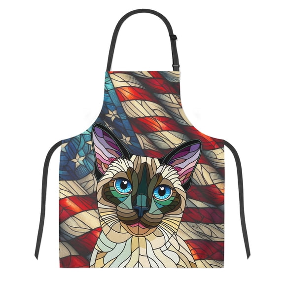 Patriotic Siamese Stained Glass Portrait American Flag Apron Cat Lover Kitten Owner Gifts for Cooking Grilling Baking Painting Gardening - 01010