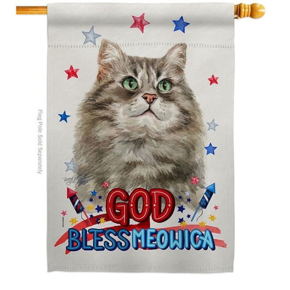 Patriotic Silver Siberian Animals Cat 28 x 40 in. Double-Sided Decorative Vertical House Flag for Decoration Banner Garden Yard Gift