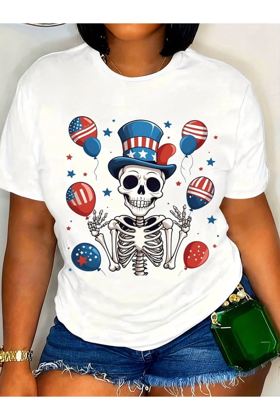 Patriotic Skeleton American Flag Balloons 4th Of July Independence Day T-Shirt For Women Men Unisex USA Holiday Celebration Graphic Tee