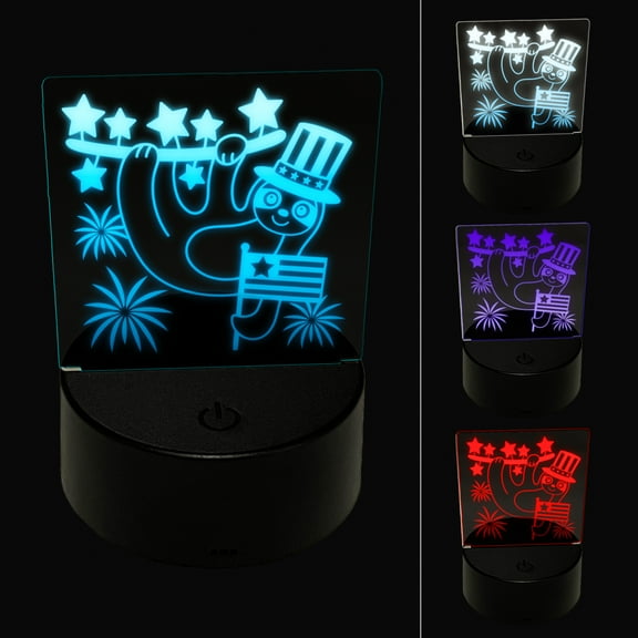 Patriotic Sloth July 4th Independence Day USA United States of America LED Night Light Sign 3D Illusion Desk Nightstand Lamp