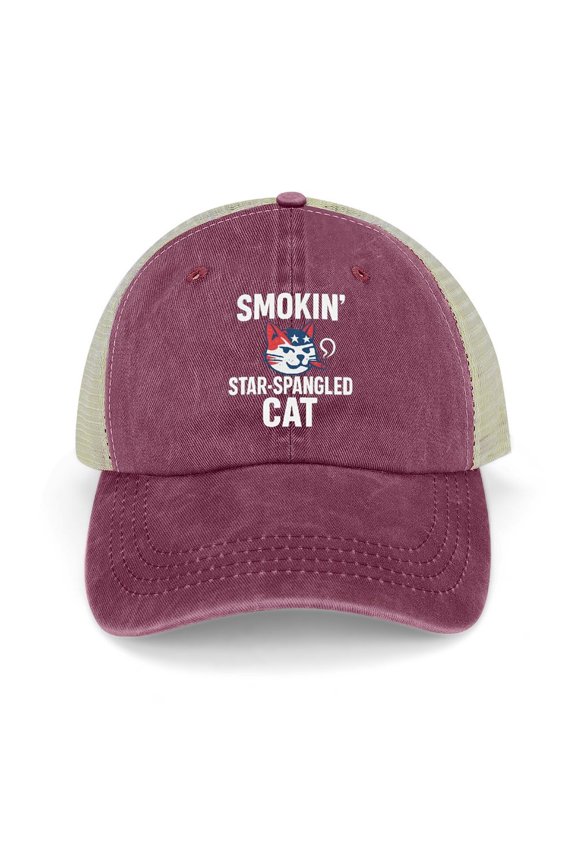Patriotic Smoking Cat Wine Red Classic Unisex Cotton Adjustable Baseball Cap – Plain Dad Hat