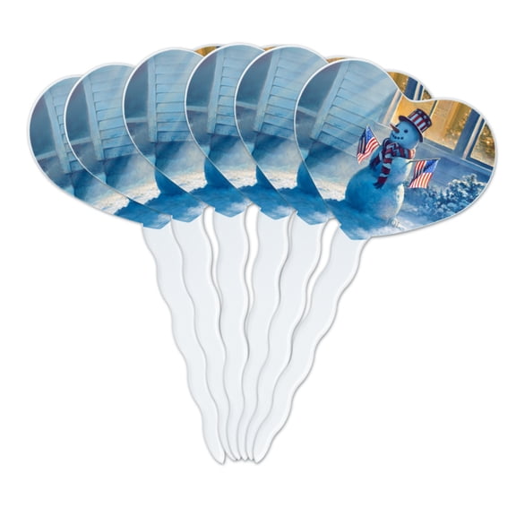 Patriotic Snowman American Flag Christmas Heart Love Cupcake Picks Toppers Decoration Set of 6