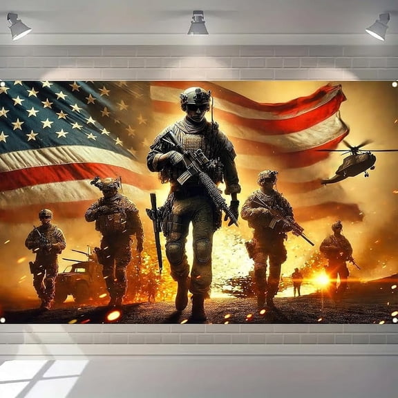 Patriotic Soldier Backdrop Banner 71 x 43 Inch 4th of July Veterans Day Memorial Day Banner Decorations Supplies Independence Day Themed America Independence Day Backdrop