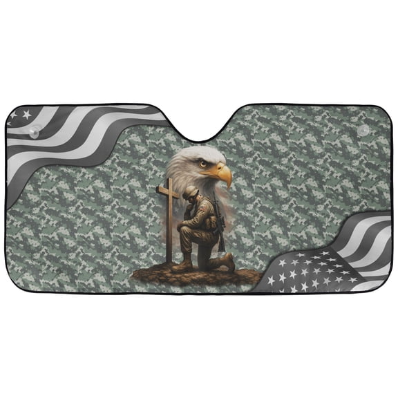 Patriotic Soldier & Bald Eagle Car Sunshade – Military Memorial Cross Windshield Sun Shade, USA Veteran Tribute Camo Auto Sun Visor Cover