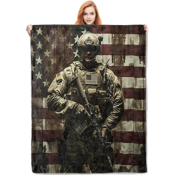 Patriotic Soldier Flannel Blanket, Army Gifts, Military Blanket for Veteran Adults, Soft Lightweight American Flag Throw Blankets for Bed Home Decor 50" x 60"