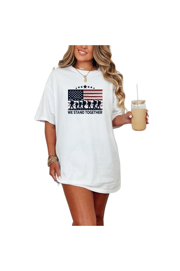 Patriotic Soldiers American Flag T-Shirt, Military Support Tee, We Stand Together Shirt, Veterans Day Gift, Army Apparel, USA Pride, White Comfort Colors T-Shirt, Medium