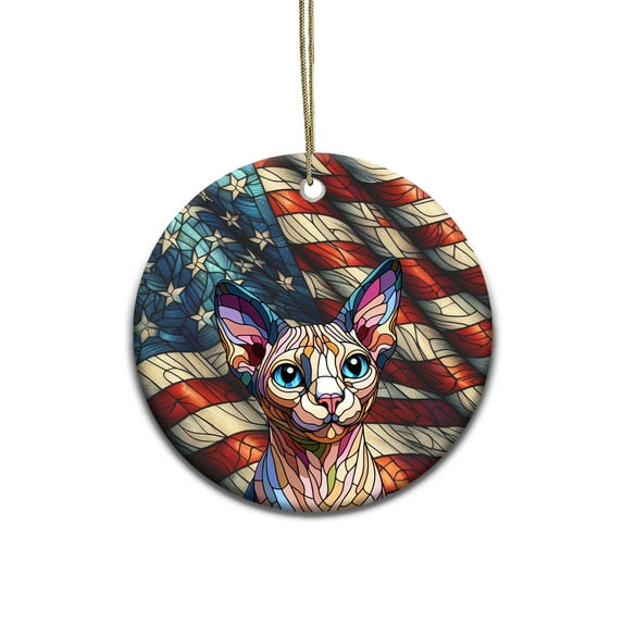 Patriotic Sphynx Stained Glass Portrait American Flag Ceramic Round Ornament Cat Lover Kitten Owner Gifts Idea Home Tree Decor - 01010