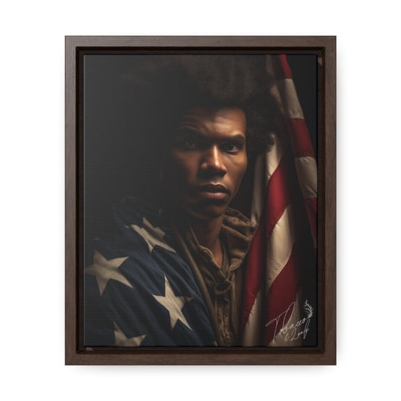 Patriotic Spirit: Afro-Haired Black Man with American Flag" - Gallery Canvas Wrap
