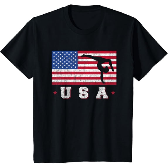 Patriotic Sports Gift American USA Flag Girls Gymnastics T-Shirt