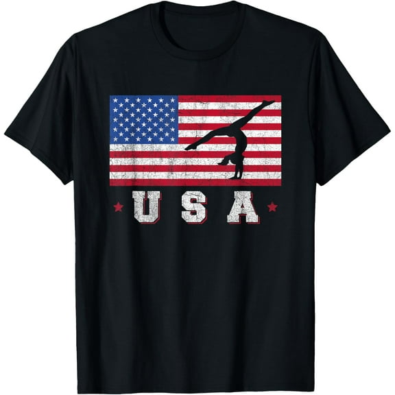 Patriotic Sports Gift American USA Flag Girls Gymnastics T-Shirt