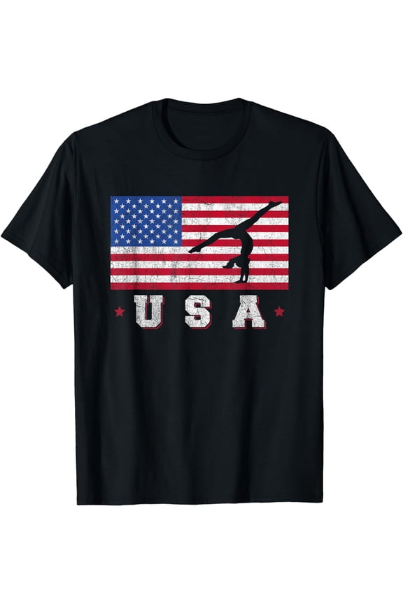Patriotic Sports Gift American USA Flag Girls Gymnastics T-Shirt