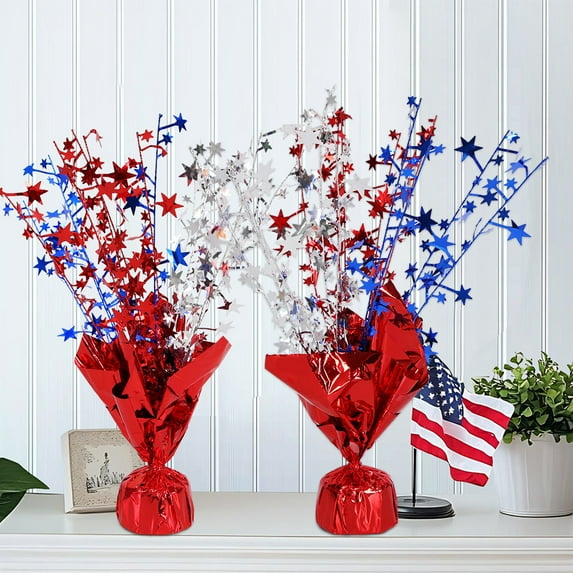 Patriotic Spray Centerpiece with White Blue Red Stars 4th of July Independence Day Metallic Plastic Table Decorations Foil Spray Star Burst Decor for Memorial Day Home Office Pentagram Supplies