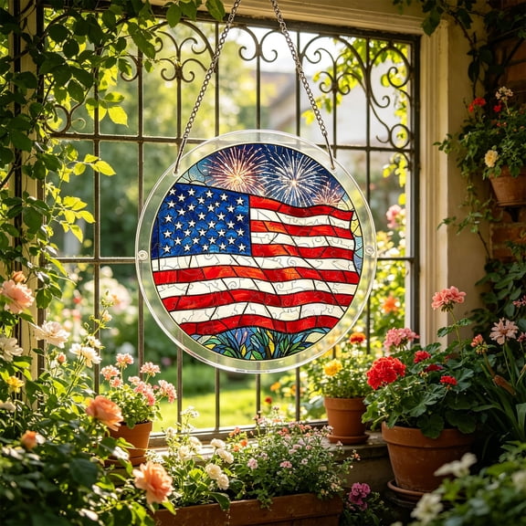 Patriotic Stained Glass Style Acrylic Suncatcher, 4th of July Window Ornament with Metal Hanging Chain, Independence Day Garden Decor, Light Transmitting Puzzle Display for Home Festive Celebration