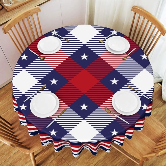 Patriotic Star 4th of July Memorial Day Independence Day Round Tablecloth Linen Waterproof Stain Resistant Table Cloth Thick Table Cover for Kitchen Party Tabletop Decor 60 Inch