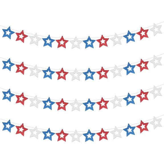 Patriotic Star Banner Garland Set, 4-Piece Pre-Strung Glitter Paper Decorations, Red Blue White, For 4th Of July Classroom Bulletin Board Home Party