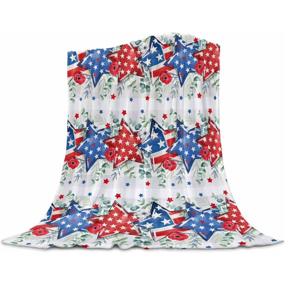 Patriotic Star Blanket American Flag 4th of July Blanket Fleece Soft Lightweight Bed Blanket Eucalyptus Leaves Buffalo Plaid Flannel Blanket for Independence Day Gifts Memorial Day 60" x 80"