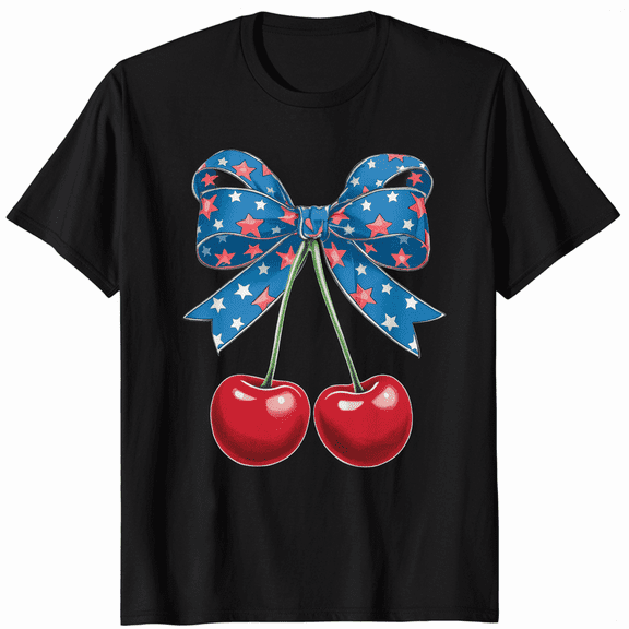 Patriotic Star Bow Cherry Aesthetic for Women Graphic Short Sleeve T-Shirt