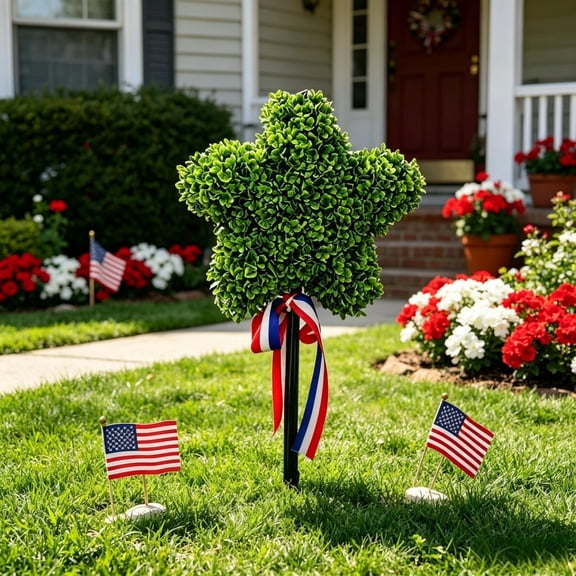Patriotic Star Boxwood Topiary Tree,12in 4th of July Decoration Artificial Stars Shaped Topiary Tree,Artificial Topiary Tree Independence Day 250th Anniversary Plants for Front Door Outdoor Decor