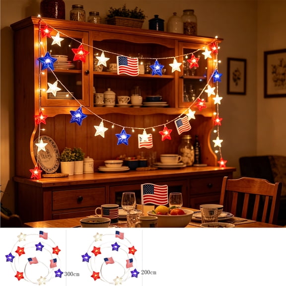 Patriotic Star Copper Wire String Lights, Red Blue Themed LED Light String, Flexible Festive Lighting for Holiday Party Gathering Indoor Outdoor Home Decor, S