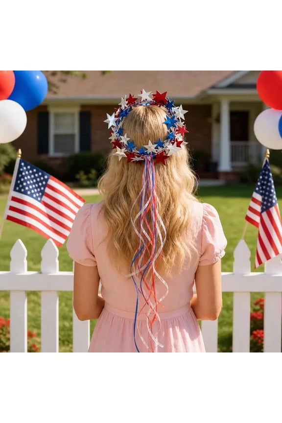 Patriotic Star Crown 4th of July Hair Accessories for Women, Sparkling Red White Blue USA Flag Hair Clip with Flowing Ribbons(Style B)Q