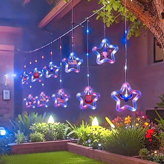 Patriotic Star Curtain Lights Decorations 4th of July LED Red White and Blue Curtain Window Lights, 9.8FT Connectable Star String Light for Independence Day,Garden,Fourth of July Decorations