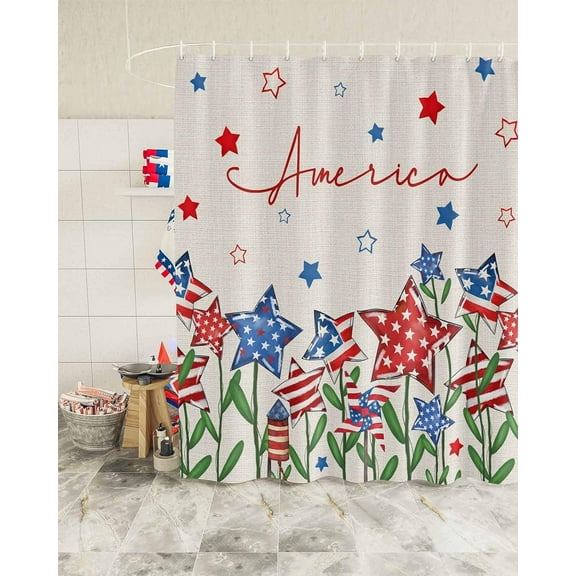 Patriotic Star Fire Shower Curtain, 4th of July Shower Curtain Set with Hooks, Spring Summer Waterproof Fabric Shower Curtains for Bathroom Decor, 72x72 Inch Bath Curtain
