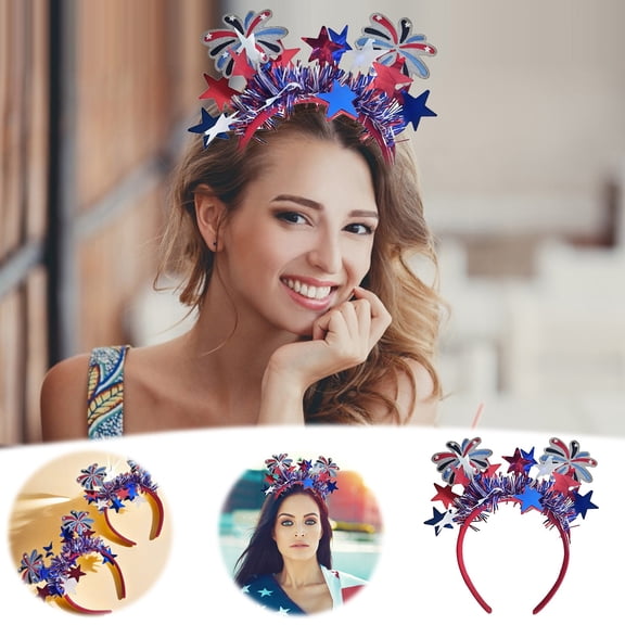 Patriotic Star & Firework Headband, Red White Blue Tinsel Hair Accessory for Independence Day, 4th of July & Memorial Day Parties