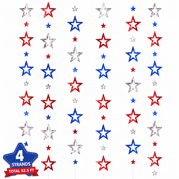 4th of July Decorations Red White Blue Glitter Star Banner for Independence Day Memorial Day Home Decor 52.5 Ft (Style 1)
