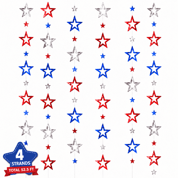 Kabuer Patriotic Star Garland, Red White Blue Streamers Bunting Banner for 4th of July, Independence Day,  Veterans Day Decorations, 4 Strands, Total  52.5 FT (Style 1)