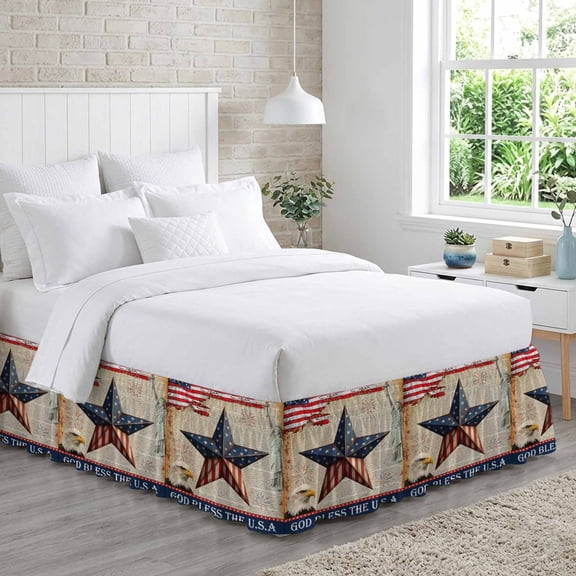 Patriotic Star Independence Day Bed Skirt Queen Size 16 Inch Drop, Bald Eagle Statue of Liberty Adjustable Elastic Dust Ruffles Bedskirt for Queen Bed Wrap Around Pleated Mattress Frame Cover