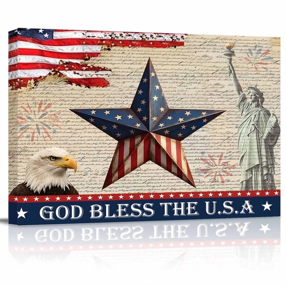 Patriotic Star Independence Day Canvas Print Wall Art Bald Eagle Statue of Liberty Pictures Painting Morden Artwork for Living Room Bedroom, Ready to Hang - 12"x16"