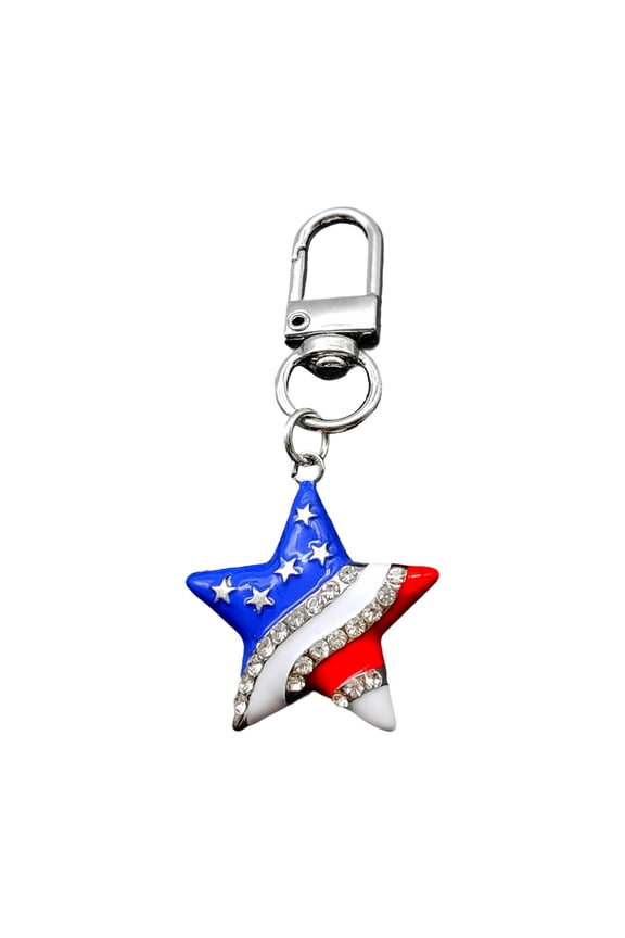 Patriotic Star Keychain - Red White Blue USA Flag Charm Key Ring with Rhinestone Detail, Mini Size, Shiny Design for Bag Decor, 4th of July Gift & Daily Accessory