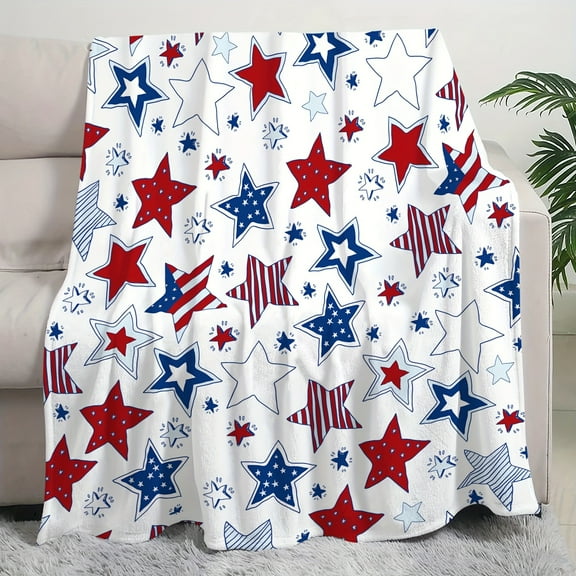 Patriotic Star Print Fleece Throw Blanket Cozy All-Season Knitted Blanket for Home & Office Machine Washable Red with Blue & White American Flag Design Multipurpose Decorative Blanket