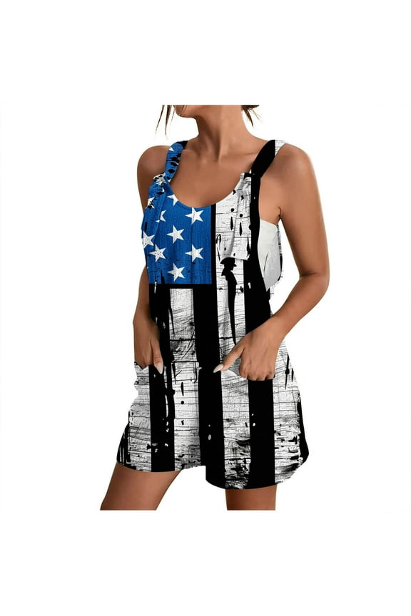 Patriotic Star Romper - Flag Print Sleeveless Jumpsuit