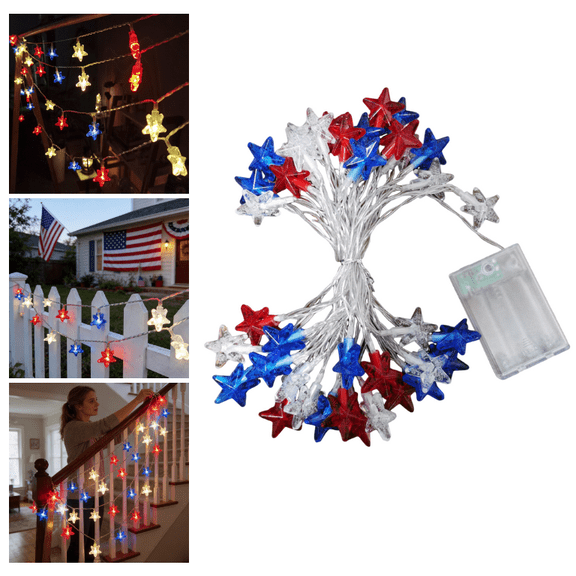 Patriotic Star Shaped LED String Lights Red White Blue Decorative Battery Operated Lamp for July 4th Garden Patio and Indoor Party Decor - (19.69FT & 40 LED Lights)
