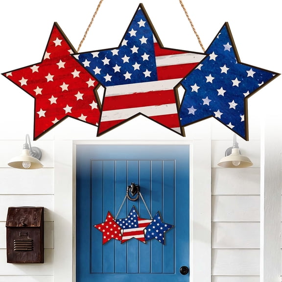 Patriotic Star-Shaped Wooden Door Hanger USA Theme 4th of July Decoration, Red White & Blue Flag Design, Sturdy Wooden Home Decor for Indoor & Outdoor Use