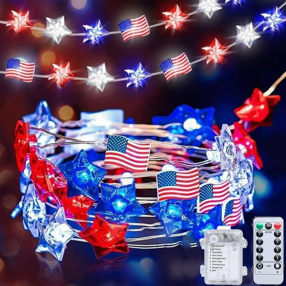 Patriotic Star String Lights 118 Inch with Remote, Red White Blue Flag Hat Copper Wire Fairy Lights Waterproof 8 Function for Independence Day