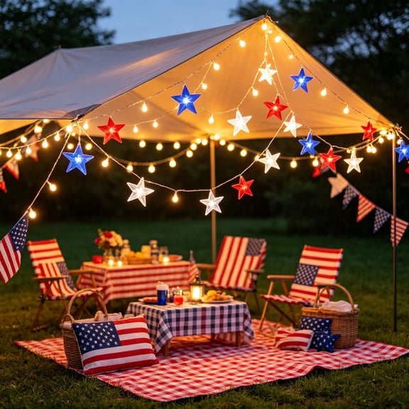 Patriotic Star String Lights 16.4ft, Red White Blue Battery Operated Starry Lights with Timer, Waterproof LED Copper Wire Lights for 4th of July Independence Day Indoor Outdoor Decor