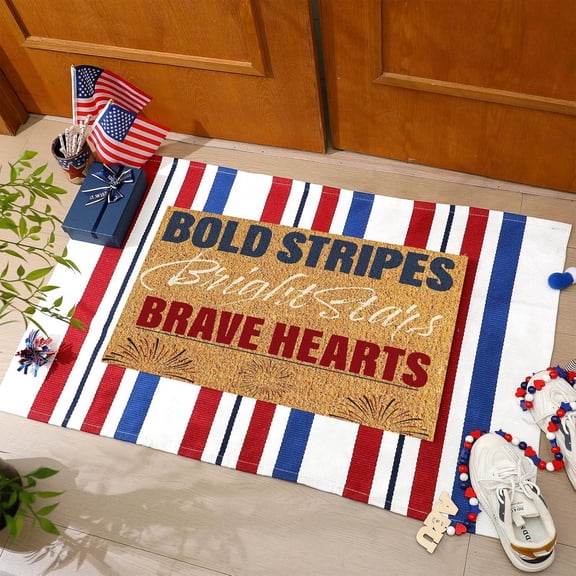 Patriotic Star Striped Welcome Doormat, Red White Blue 4th of July Ma