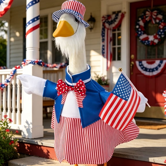 Patriotic Star & Stripes Bikini Porch Goose Outfit Set For 19-23 Inch Goose Statues 4th Of July Summer Decor With Uncle Sam Hat