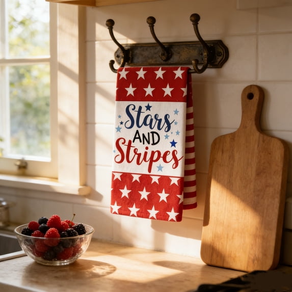 Patriotic Star Stripes Kitchen Towel Set, Highly Absorbent Dish and Hand Towels for Independence Day, Durable Washing and Drying Cloths for Cooking, Baking, and Kitchen Countertop Use