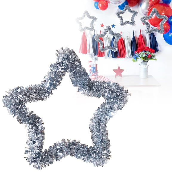 Patriotic Star Tinsel Wreath Red White Blue Gold Thread Star Wreath For Independence Day 4th Of July Memorial Day Veterans Day USA 250th Anniversary Fireplace Wall Front Door Hanging Decor