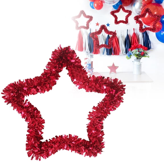 Patriotic Star Tinsel Wreath,Red White Blue Star Garlands,4th of July Wreath for Front Door Patriotic Star Hanging Wreaths for Memorial Day Independence Day Kitchen Home Indoor Window(Red,8.6inch)