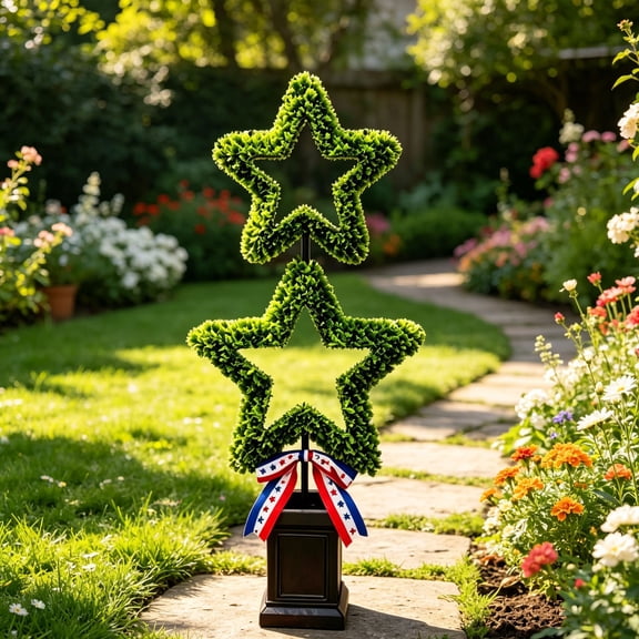 Patriotic Star Topiary Tree,Artificial Double Star Shaped Plant,4th of July Themed Ornament,Weather Resistant for Yard,Patio,Lawn,Backyard,Porch and Holiday Decoration