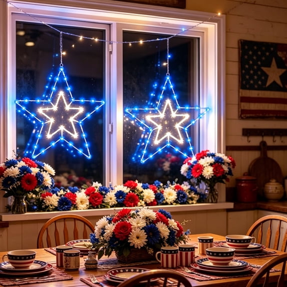 Patriotic Star Window Light 12 Inch, LED Star Light with Timer Battery Operated, Red White Blue Metal Star Decoration for Window Porch Yard