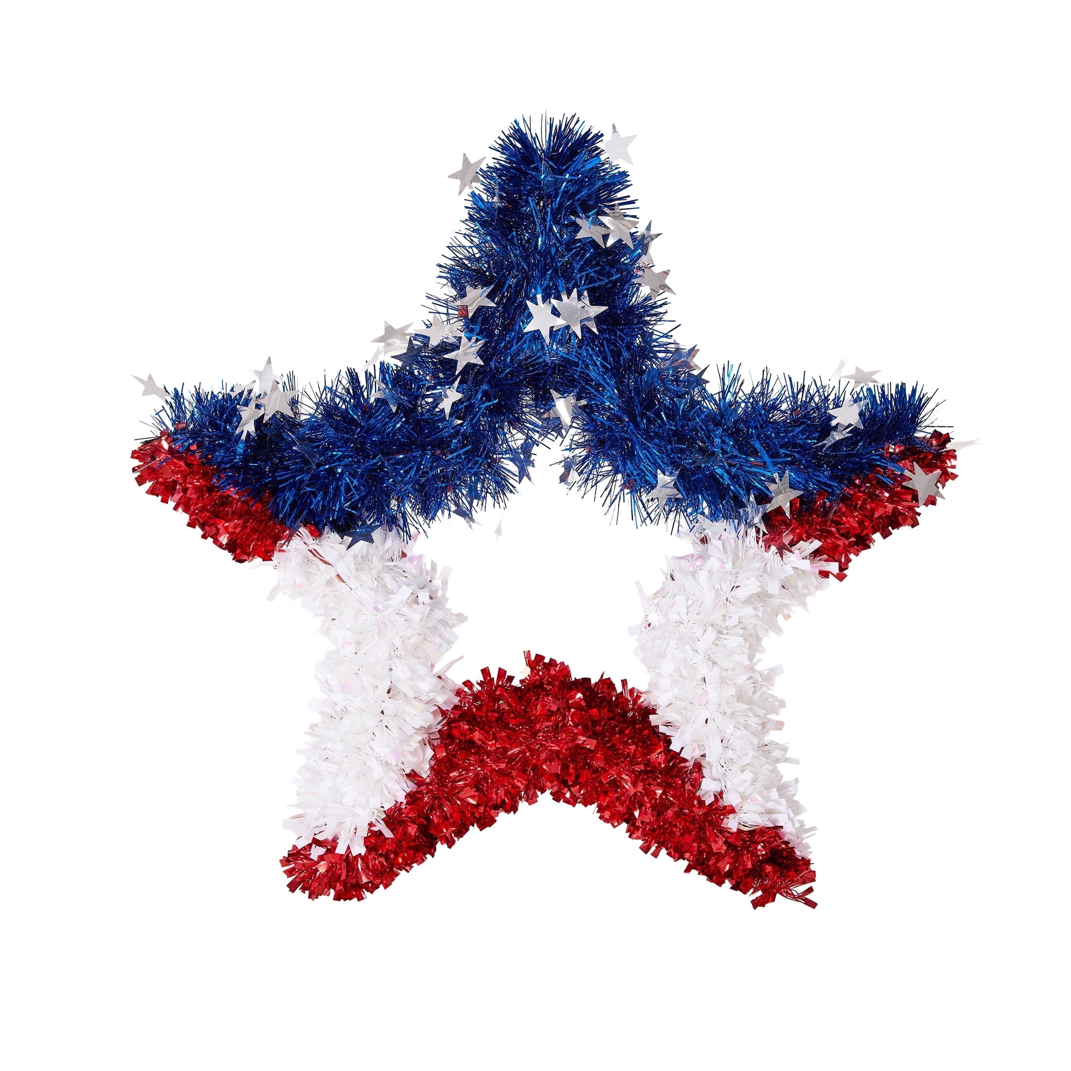 DR.Planzen Patriotic Star Wreath 20 Inch 4th of July Wreath for Front Door - Sparkling Red White Blue Tinsel American Flag Wreath Independence Day Memorial Day Indoor Outdoor Patriotic Door Decor